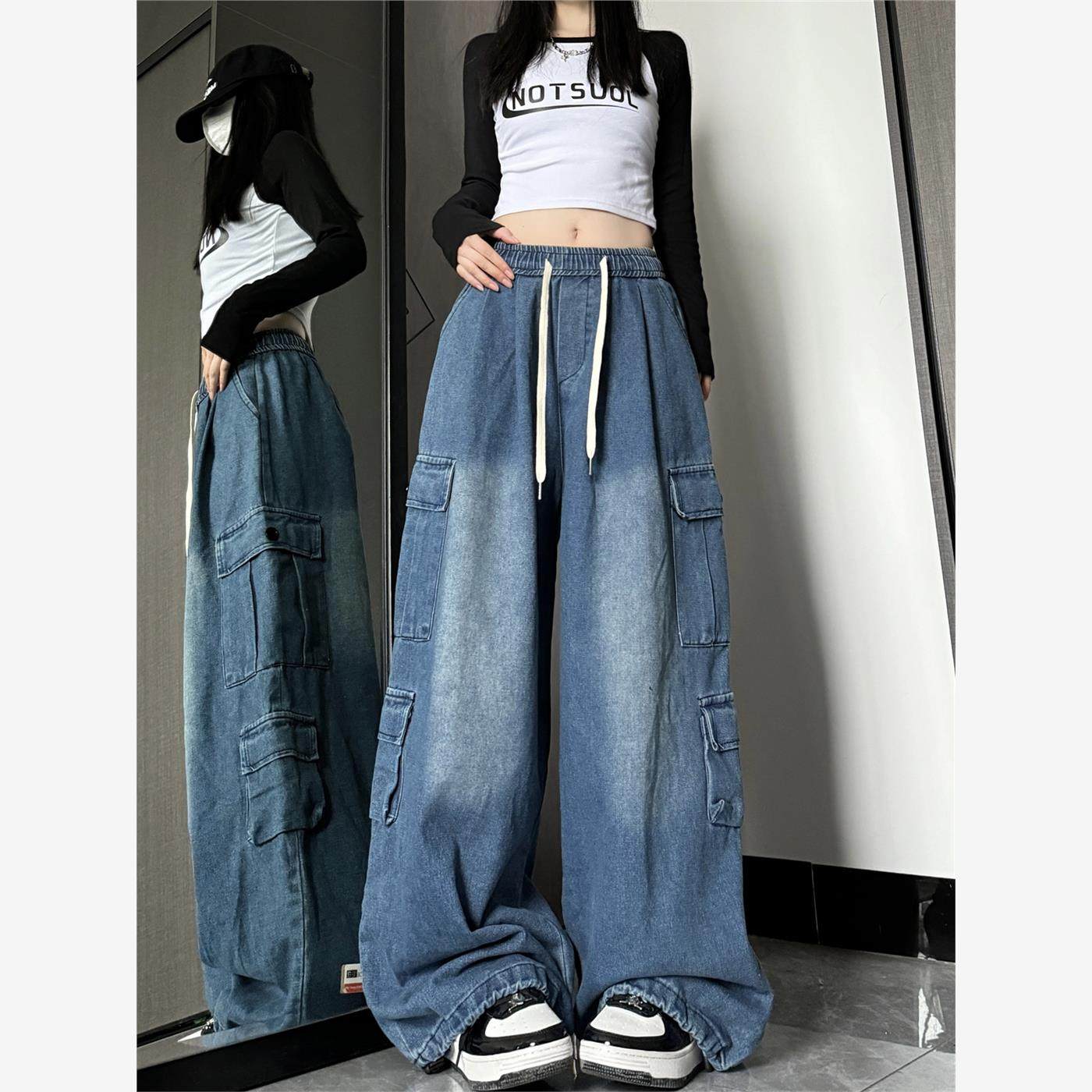 高街美式工装牛仔裤女秋季hiphop机能街头嘻哈抽绳阔腿拖地长裤子