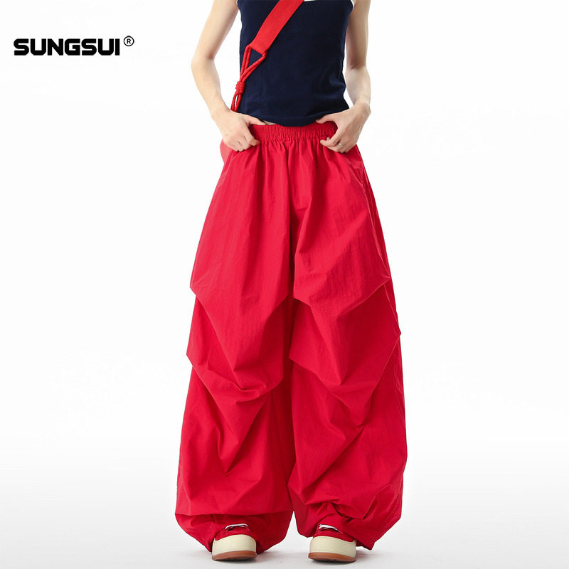 红色美式复古长裤子女士跳舞直筒伞兵工装裤阔腿高街爵士舞休闲裤