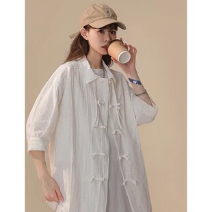 白色棉麻复古盘扣上衣女夏季薄款新中式短袖文艺宽松衬衫女式外套