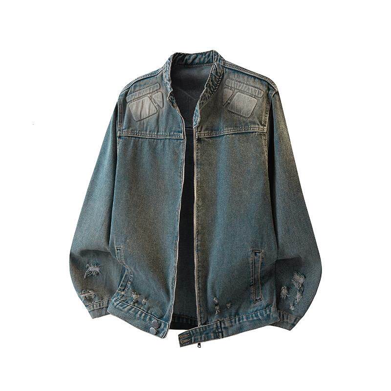 小众立体浮雕垫肩牛仔外套女女春季复古做旧水洗破洞宽松立领夹克