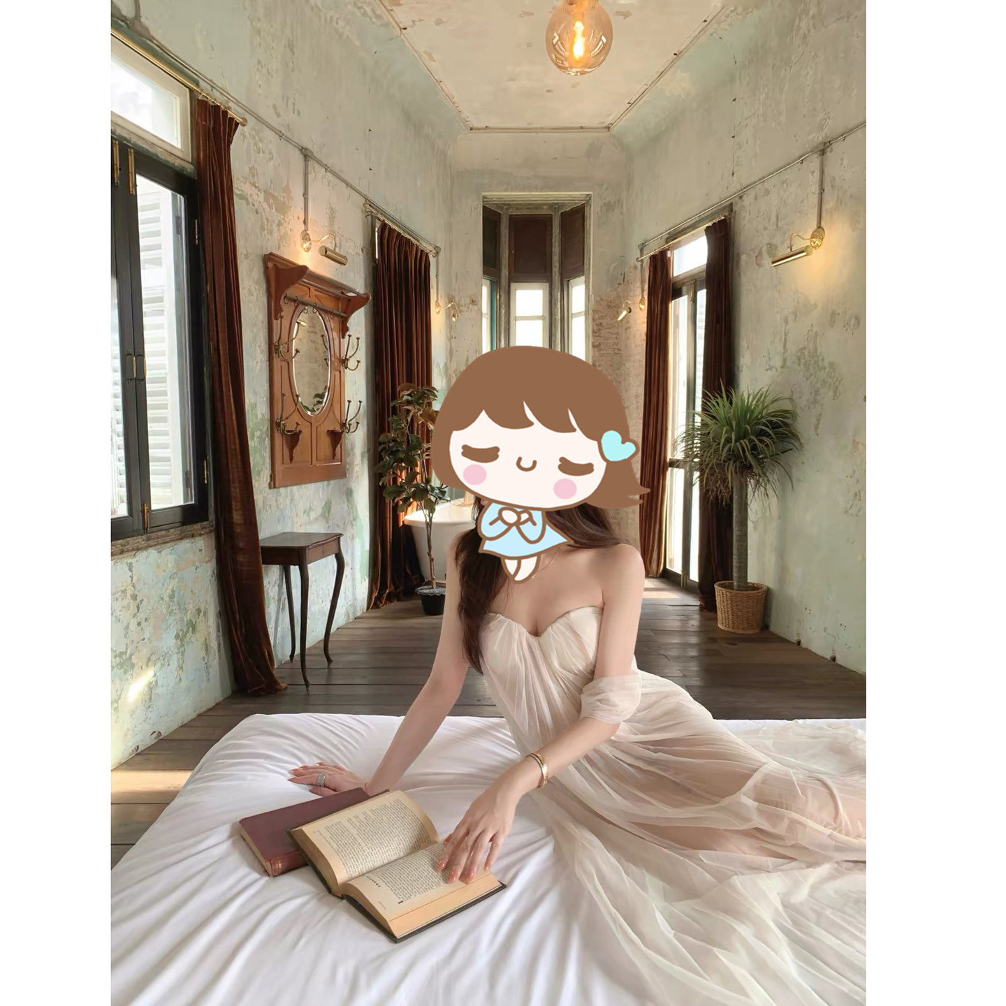 JNUTOUSDI【神美降临】飘带修身抹胸裙蕾丝网纱连衣裙白色仙女裙