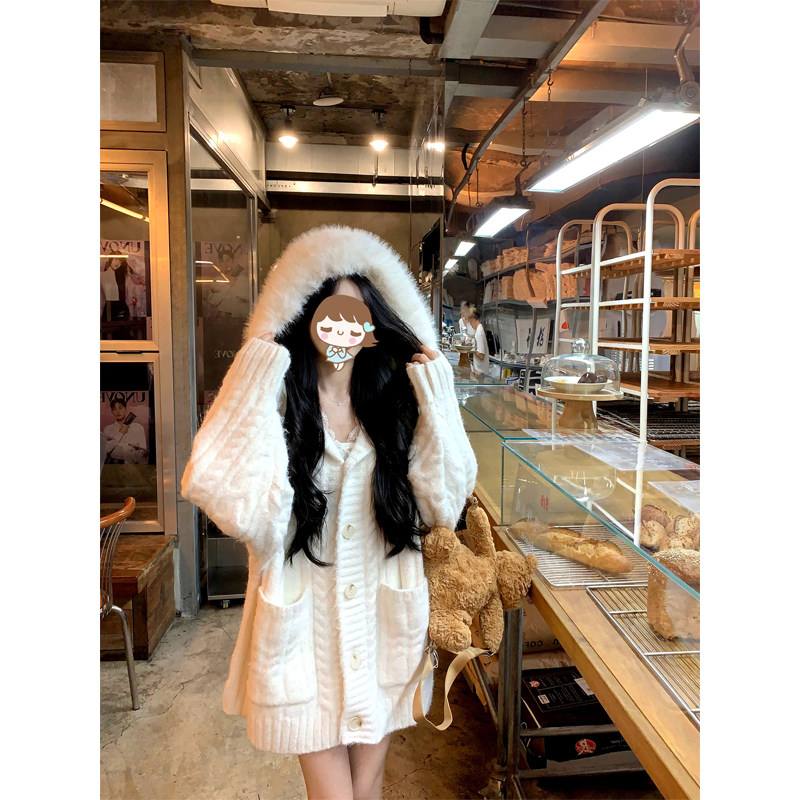 秋冬大毛领长袖针织开衫中长款女一甜颗桃yttike《暖奶绵芙》外套