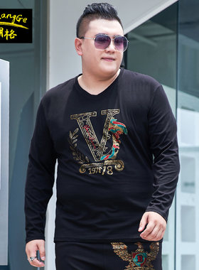 新款潮牌加肥加大码v领长袖t恤