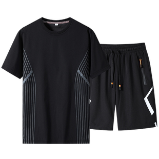 胖人夏季加肥加大码五分裤搭配休闲运动套装圆领T恤速干两件套薄