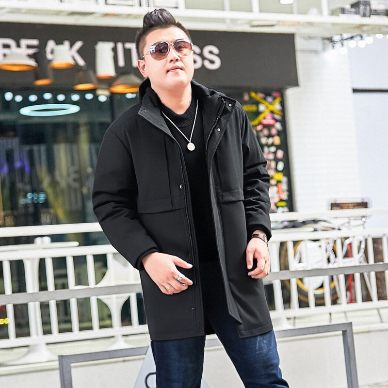 肥佬男装青年大码休闲中长款棉衣外套加厚带帽棉袄超大号胖人冬装