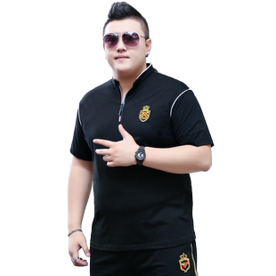 胖子男款加肥加大码立领短袖t恤肥佬超大号宽松半截袖体恤上衣195