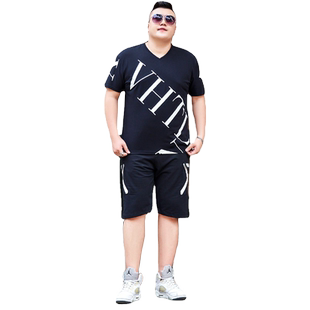男胖子加肥加大码t恤五分裤搭配休闲运动套装肥佬胖人两件套夏季