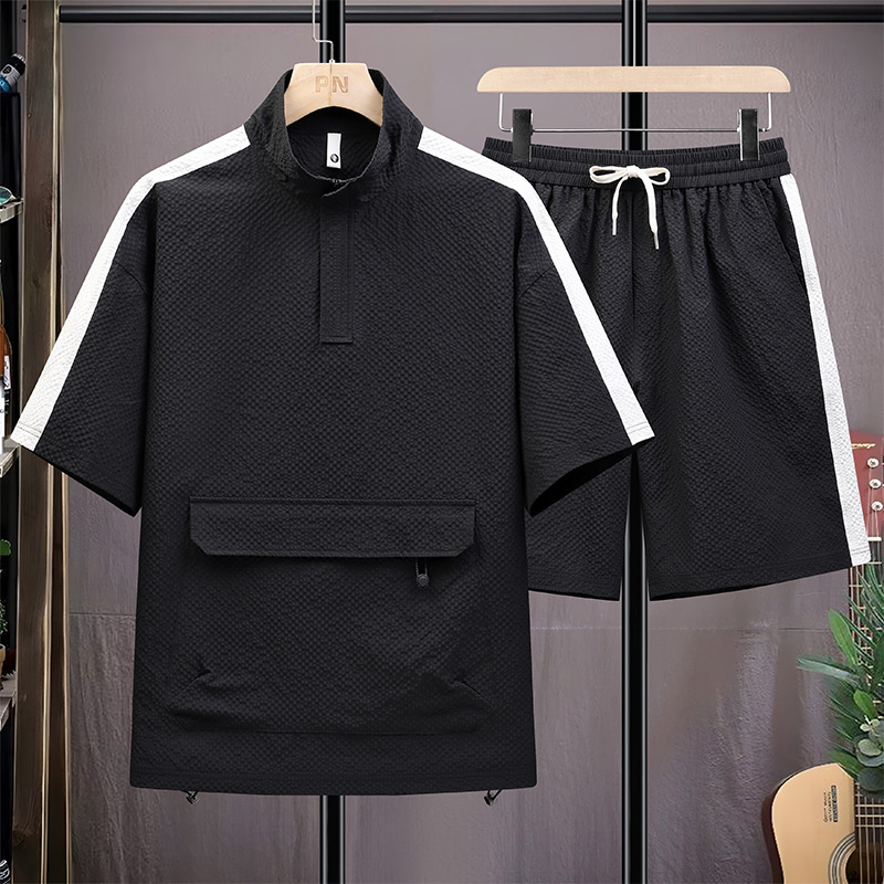 潮牌男士短袖立领t恤短裤搭配休闲两件套胖子套装时尚夏装XXXXXXL