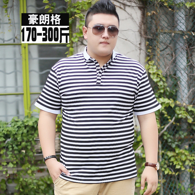 夏季加肥加大码男士短袖t恤肥佬胖子大号男装翻领条纹t恤衫上衣夏
