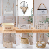 田园草编手编花篮创意复古做旧铁艺小花桶台面玄关柜花瓶饰品摆件