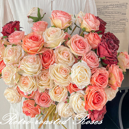 焦边玫瑰花仿真花花束摆设手捧花