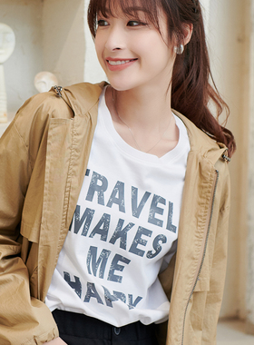 可路莎C131004字母印花T恤女春季新款百搭简约长袖上衣