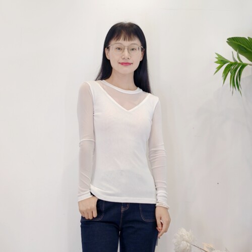 慢一点6100春秋性感拼接网纱T恤女修身弹力长袖内搭