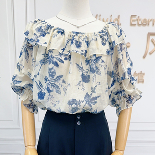 短袖 慢一点25105夏季 一字肩娃娃衫 女宽松A版 上 荷叶边领碎花衬衫