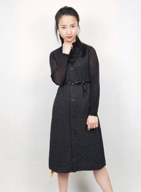 可路莎针织连衣裙春秋新款拼接网纱修身假两件中长裙女201006