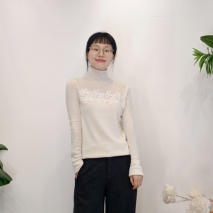 可路莎专柜259564秋冬高领修身内搭针织衫女拼蕾丝打底衫