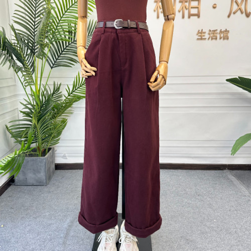 休闲加绒高腰安可拉红阔腿裤