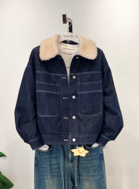 可路莎专柜257409冬季羊羔绒毛领牛仔短款羽绒服外套女