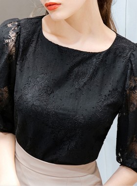 艺素晓30972春夏新款轻盈柔软通勤蕾丝衫镂空五分袖套头上衣女