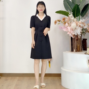 可路莎专柜242658夏季拼白领连衣裙女设计感小众气质收腰小黑裙