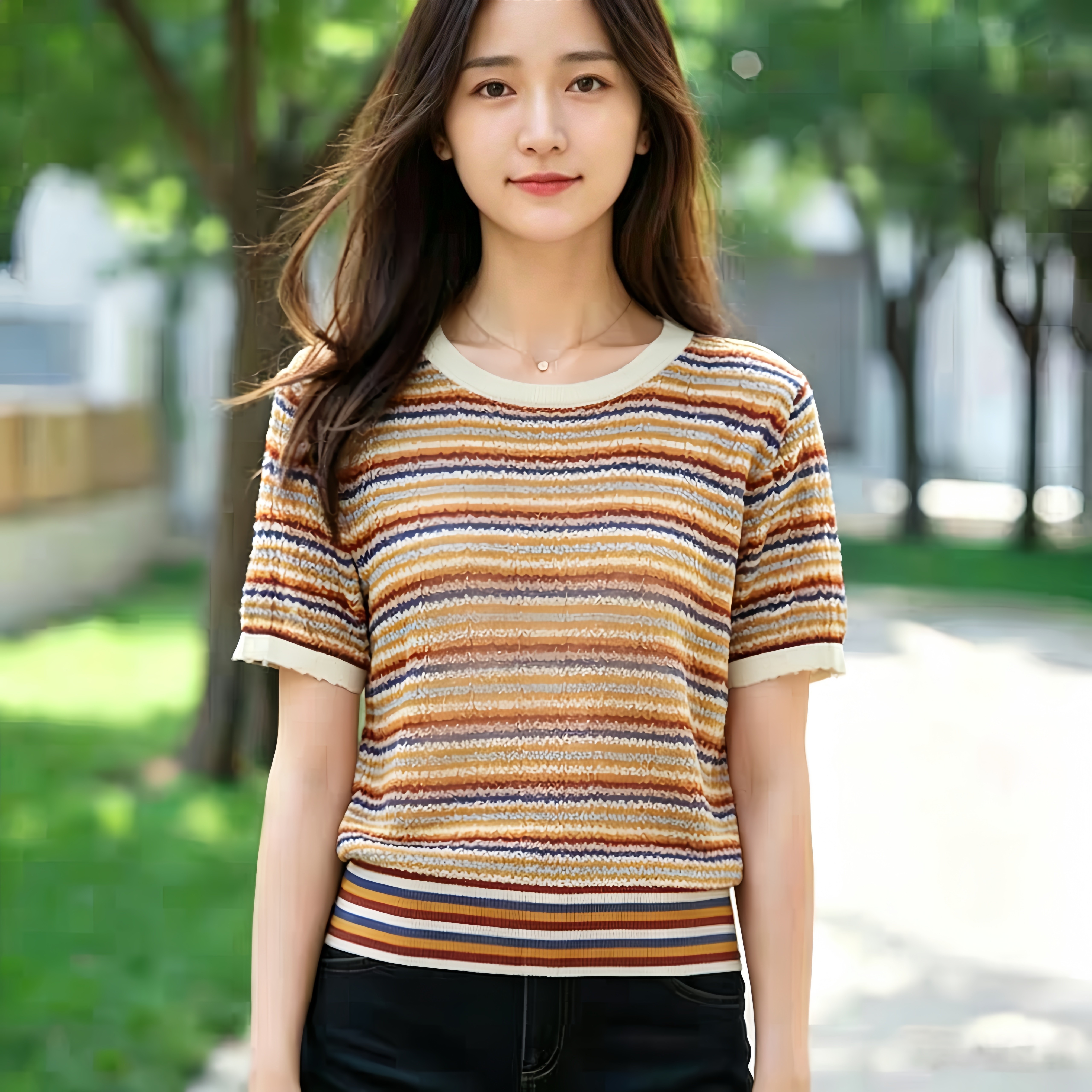 可路莎专柜242644夏季百搭显瘦针织衫女简约通勤彩色条纹园路短袖