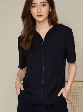 可路莎专柜242375夏季休闲针织短袖连帽衫女桑蚕丝软糯双拉链开衫