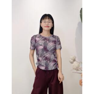 可路莎专柜252401夏季雪纺印花收腰显瘦短袖女修身火烈鸟T恤上衣