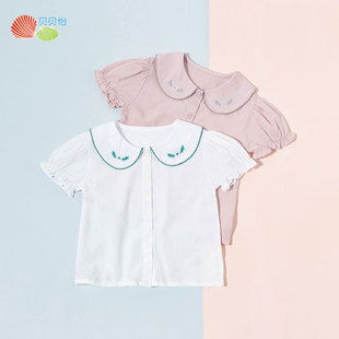 贝贝怡女童衬衣短袖薄款T恤儿童娃娃领上衣洋气泡泡袖白色衬衫女