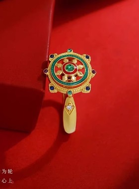 S925纯银镀金戒指可转动金轮戒指开口女款精美小众礼物民族风戒指