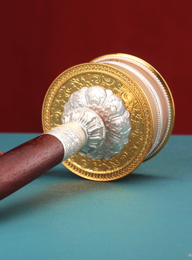 红铜藏式手摇转筒家用立体浮雕手摇双轴承金色实木随身摆件色宝石