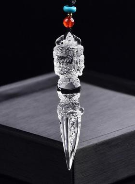 天然白水晶金刚降魔杵吊坠白水晶雕刻透明普巴金刚撅铃挂件男女款