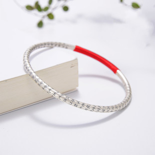 s999足银红绳心经纯银手镯经文亚光实心闭口纯银手镯镯子首饰配饰