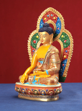 藏式纯铜七寸释迦牟尼佛像家用供奉摆件精品全身彩绘1尺铜像装物