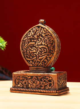 尼泊尔藏传密宗法器手工錾刻纯铜宝冠藏式印老印印章家用摆件雕花