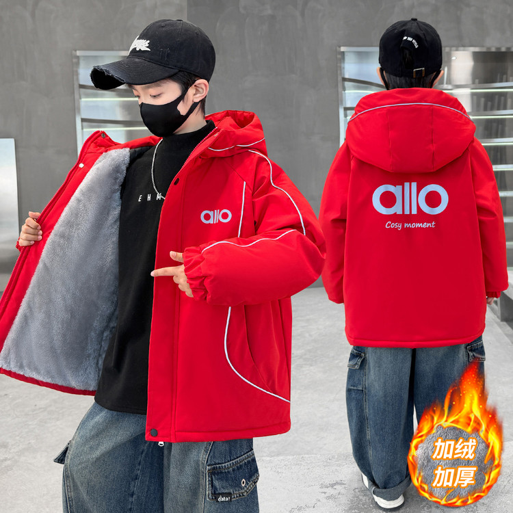 男童加绒外套连帽棉服冬天2025新品夹棉衣中大童男孩加厚防水棉袄