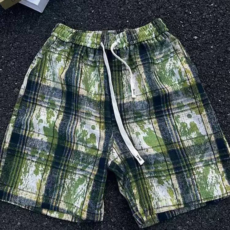 绿色印花格子短裤男夏季薄款小众设计感运动裤美式复古休闲五分裤