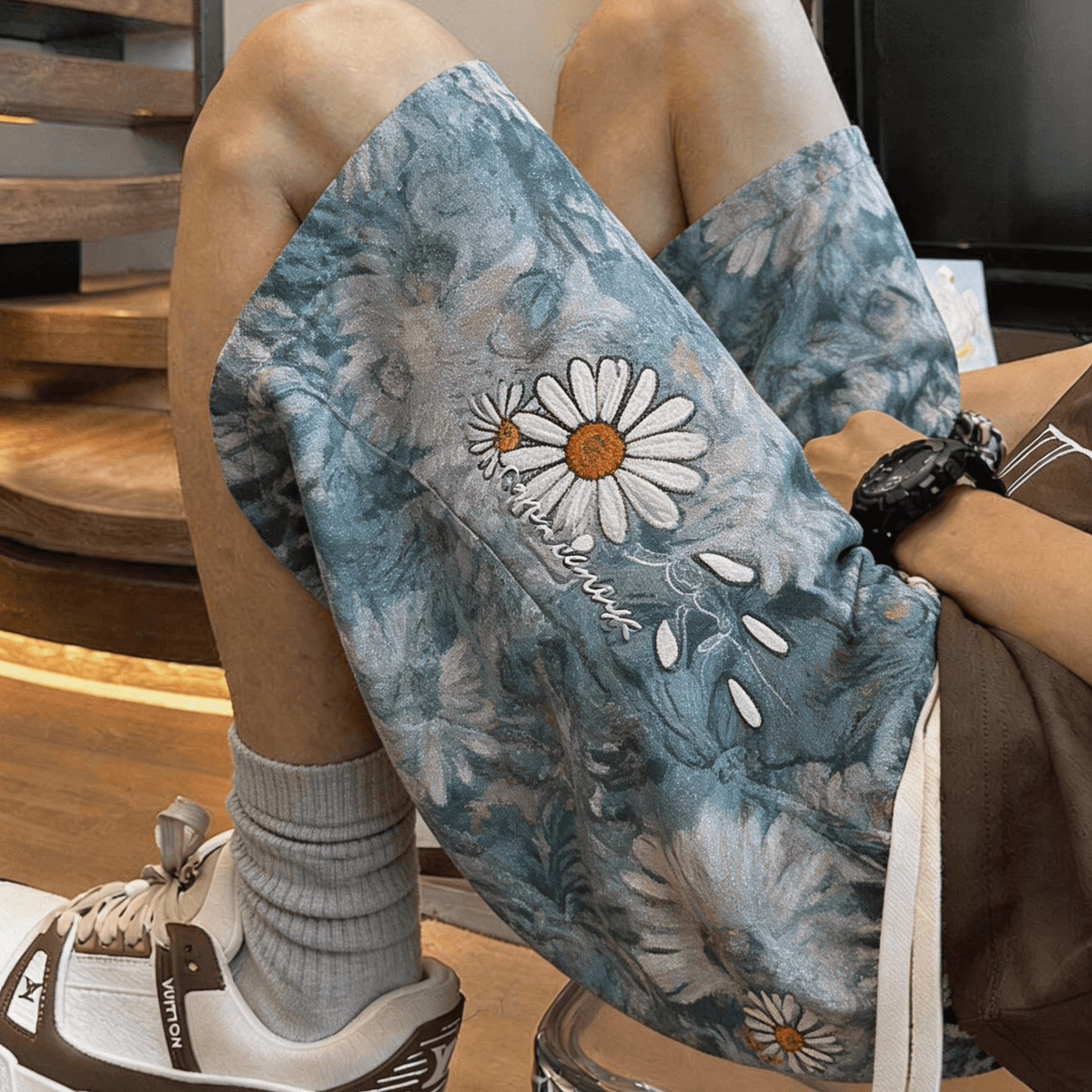 夏季新款美式潮牌个性花卉印花休闲短裤男女宽松水洗直筒五分裤