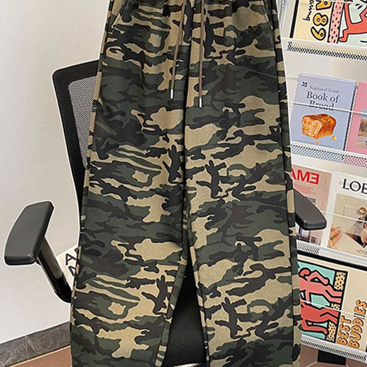 重磅迷彩卫裤男女同款春秋季潮牌直筒休闲长裤美式抽绳阔腿裤子