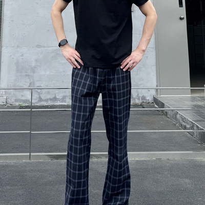 美式复古格子裤子男春秋季薄款高街微喇裤子宽松直筒休闲运动裤