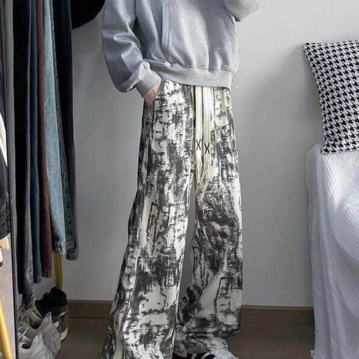 潮牌扎染裤子男夏季美式复古设计感青少年宽松直筒休闲卫裤时尚