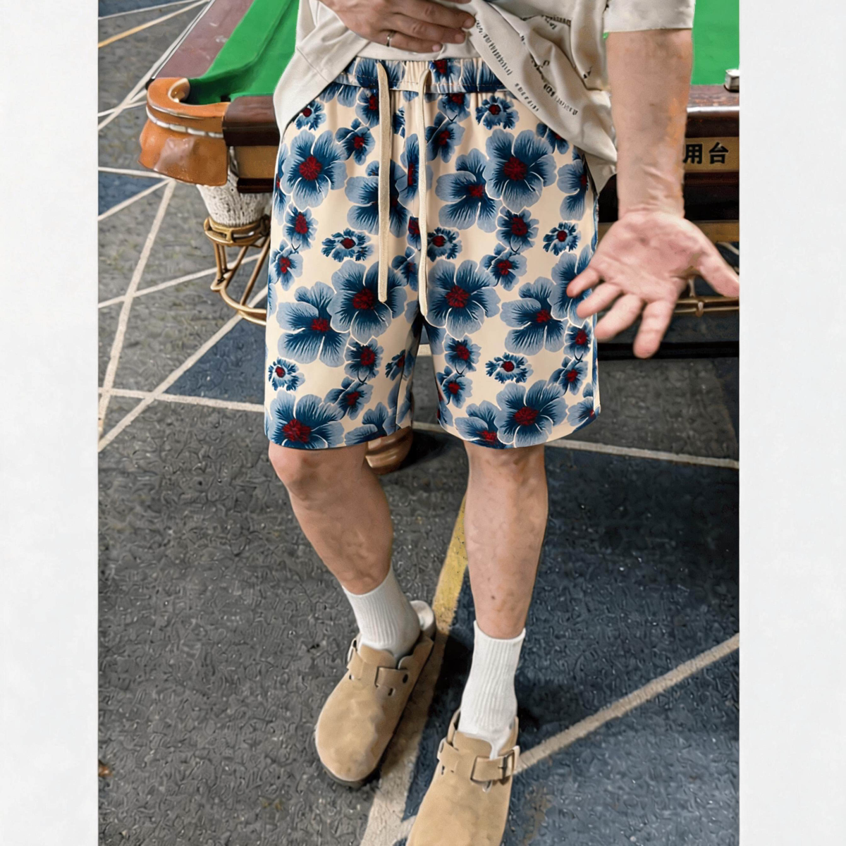 港风复古蓝调花卉印花短裤男女夏季宽松垂感直筒潮牌休闲五分裤