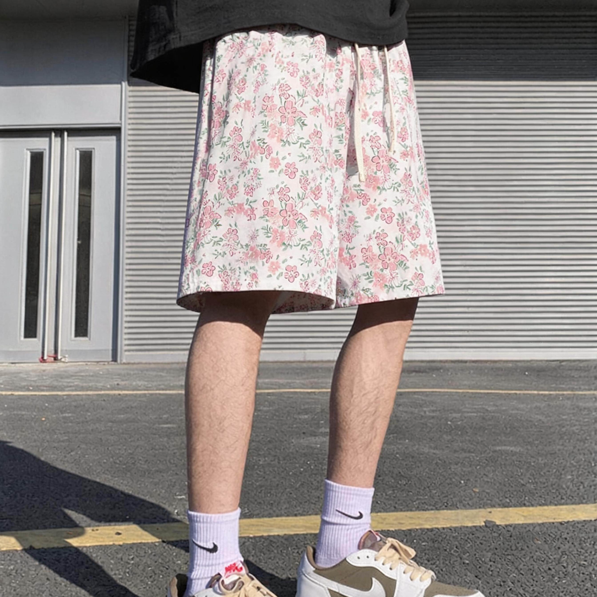 日系清爽粉调印花休闲短裤男女夏季薄款宽松大码直筒五分裤潮流
