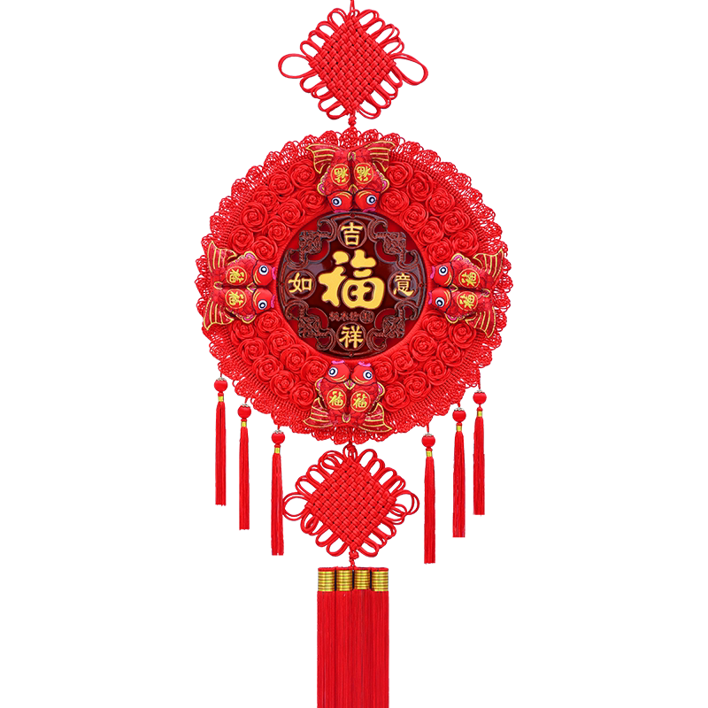 中国结挂件客厅大号电视背景墙装饰福字白桃木双鱼入户门玄关挂饰