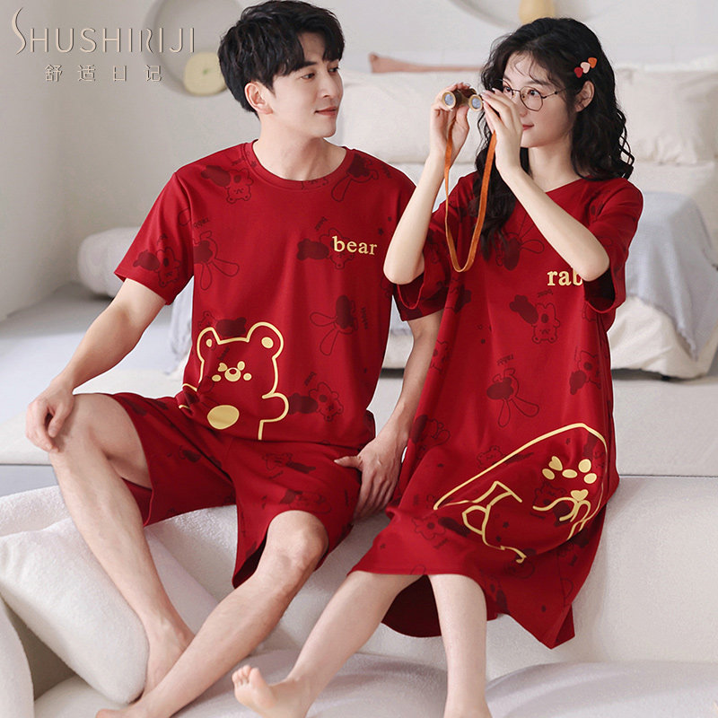 2套价 红色结婚情侣睡衣女夏短袖纯棉睡裙本命年新婚家居服男套装