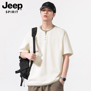 JEEPSPIRIT美式 复古凉感t恤男短袖 夏季 宽松假两件T恤亨利领POLO衫