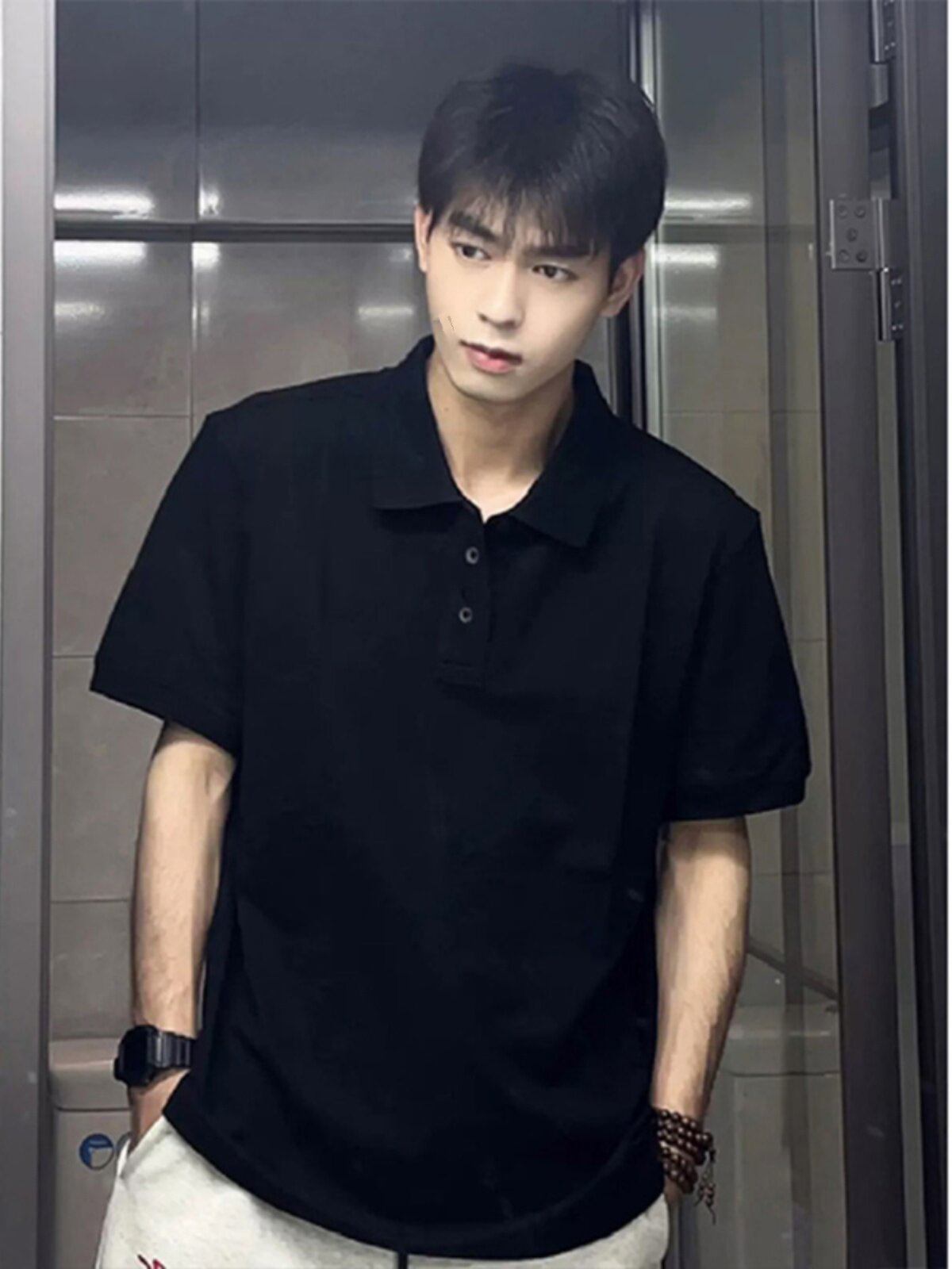 Pure black short-sleeved polo shirt, men's summer high-end handsome lapel T-shirt, American heavyweight, five-quarter sleeves