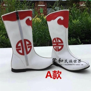 蒙古族靴子女款儿童纯皮革白色蒙古长筒手工马靴 日常成人舞蹈靴