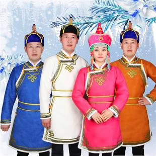 蒙古族成人男士鹿皮绒秋冬棉袍青少年男白色大码演出日常民族服装