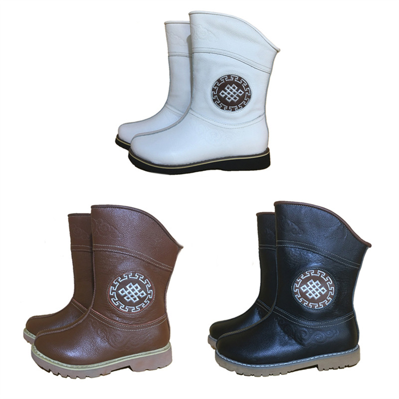 圆头蒙古族儿童刺绣黑色休闲皮靴