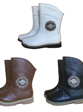圆头蒙古族儿童男女同款牛皮蒙古刺绣冬季棉靴黑色白色休闲低筒靴